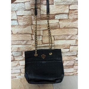 Pollini Black Monogram Tote Shoulder Bag Gold Chain Straps Designer Handbag